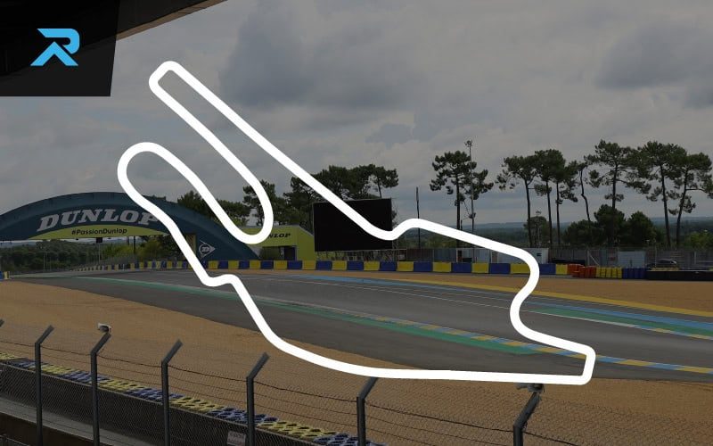 An outline of a motorcycle tire and track layout over the Bugatti Circuit at Le Mans, showcasing racing and track-day performance features.
